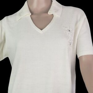 Women's Sweater with Collar Short Sleeves Soft Wool Size large 18/20 Color Beige